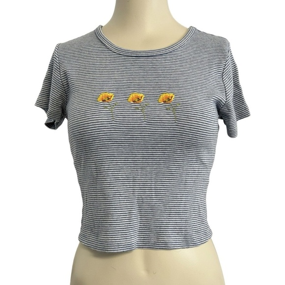 Brandy Melville Embroidered Striped Cropped T Shirt - Picture 1 of 5